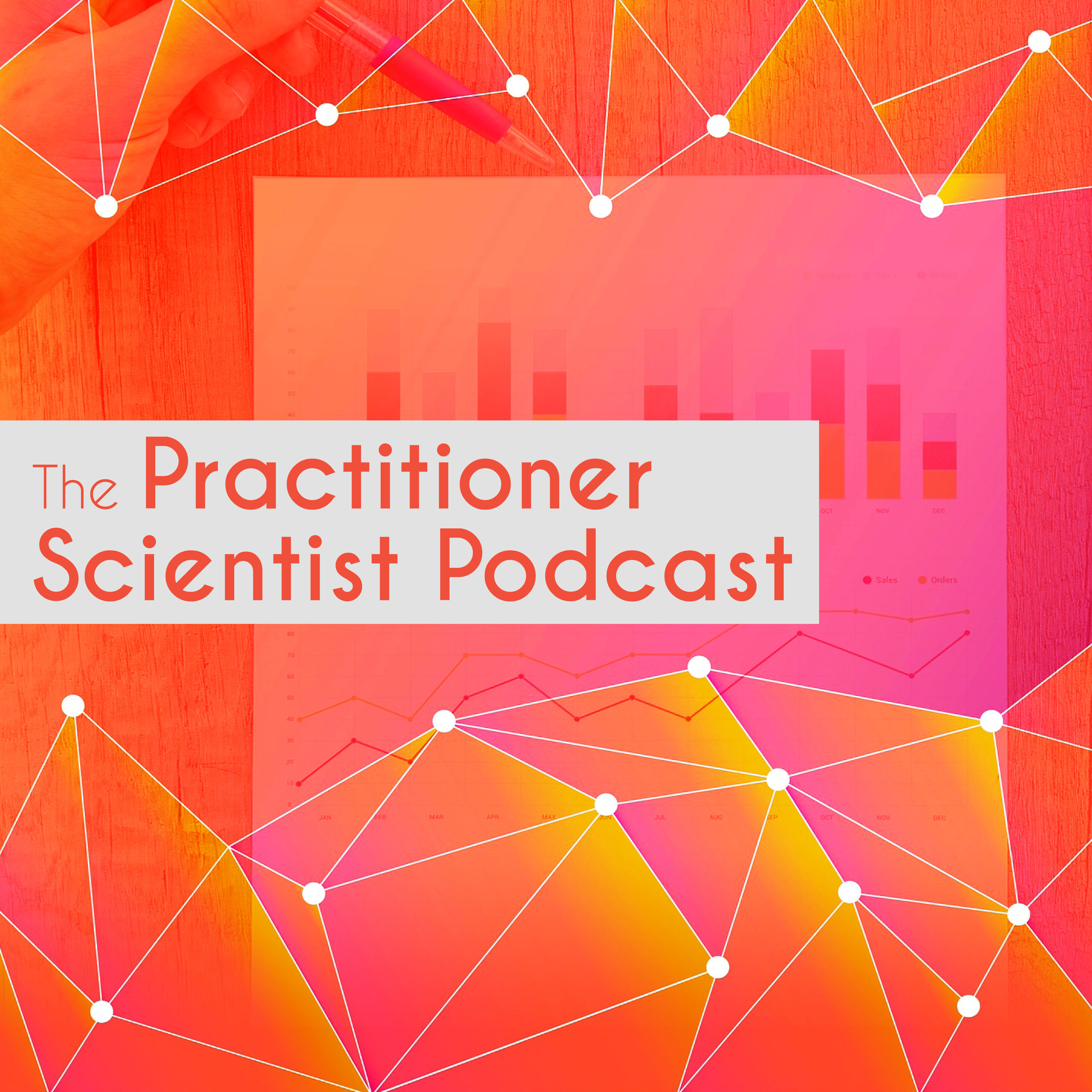 orange geometric shapes background with graph and podcast name