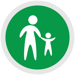 A green circle with white outline of a person and a child