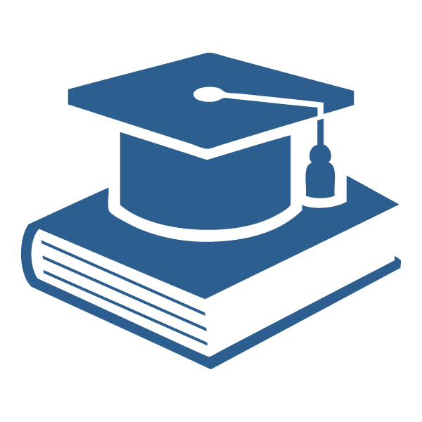 Blue icon of a graduation cap placed atop a closed book